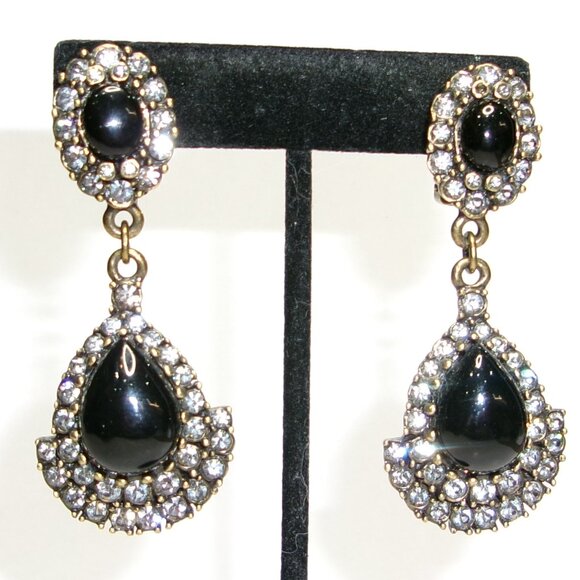 Heidi Daus Black Stone & Rhinestone Large Dangle Drop Clip Earrings - Picture 1 of 3